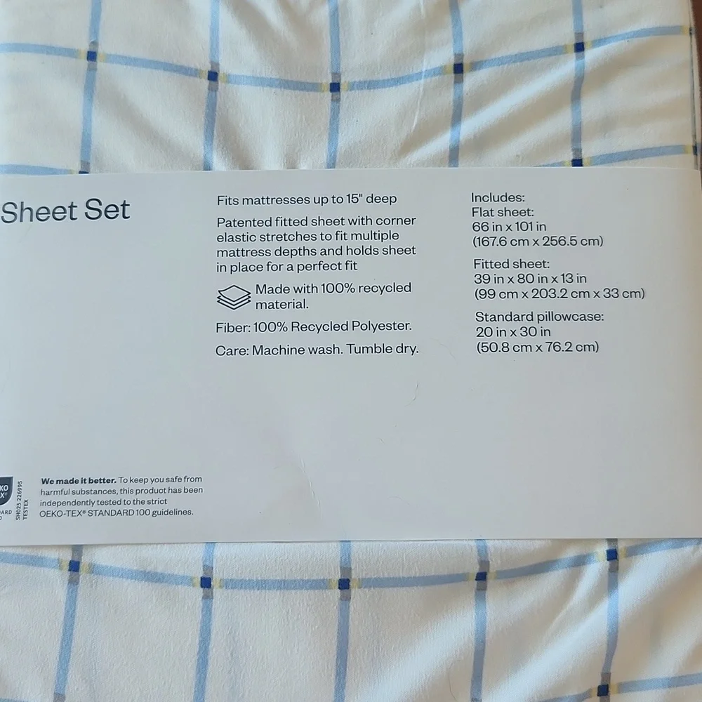 Room Essentials Cream and Blue Checkered Sheet Set, Size Twin/XL Twin‎